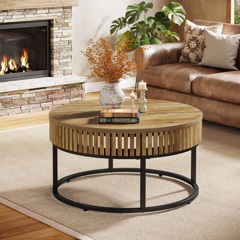 31.5-Inch Brown MDF Coffee Table, Round Industrial Center Table