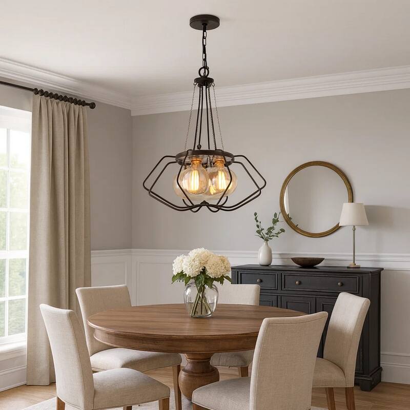 Lima 22 Inch Chandelier w 4 Light Bulbs, Black Metal Cage Design