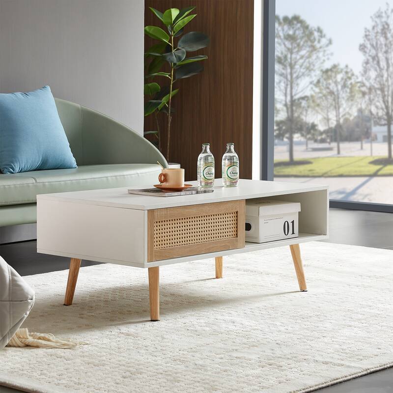 Anmytek White Rattan Coffee Table 41.34 Inch with Storage Sliding Door and Solid Wood Legs for Living Room