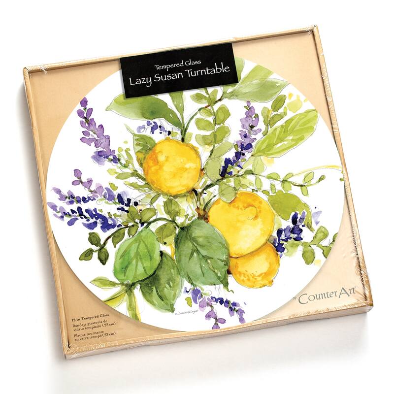 Glass Lazy Susan Watercolor Lemons Turntable 13 Inch Diameter