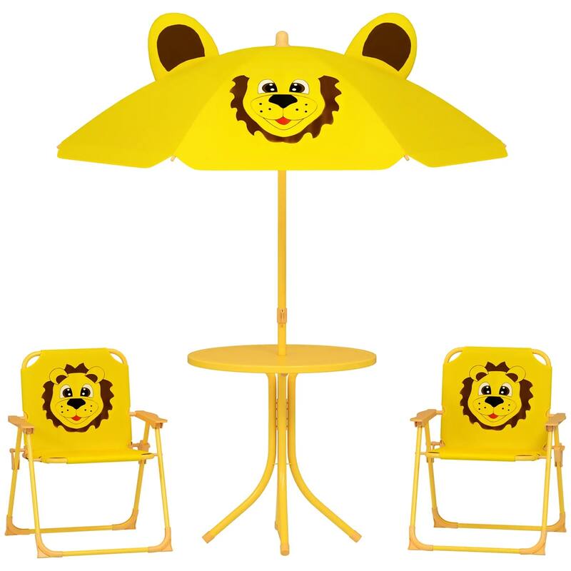 Kids Outdoor Picnic Table and Chair Set with Adjustable Umbrella Lion Pattern Foldable Table and Chairs for Ages 2-5