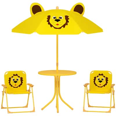 Kids Outdoor Picnic Table and Chair Set with Adjustable Umbrella Lion Pattern Foldable Table and Chairs for Ages 2-5
