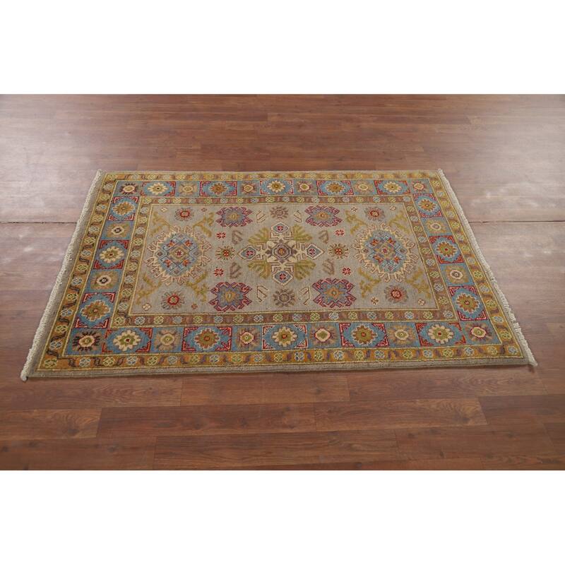 Geometric Red Kazak Accent Rug Hand-Knotted Wool Carpet - 3'2" x 4'8"