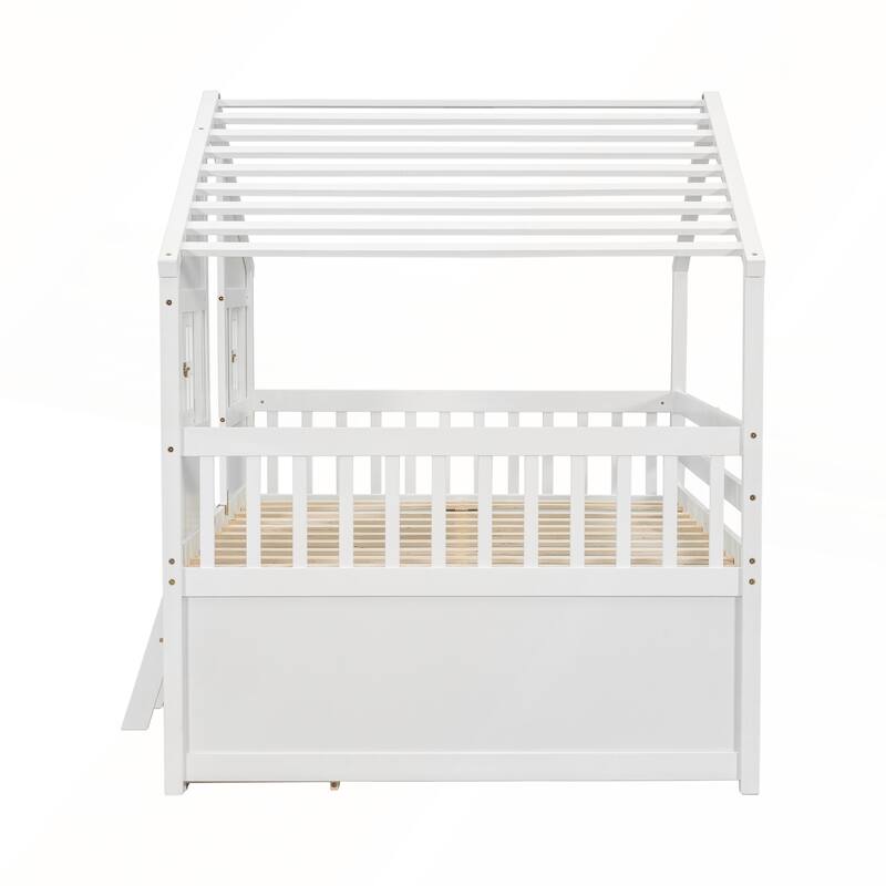 Full Size House Loft Bed with 4 Storage Drawers and Safety Guardrails