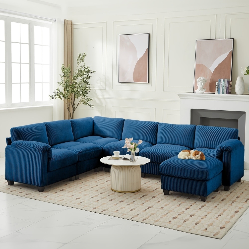 Corduroy Corner Sectional Sofas with a Removable Ottoman, L-shaped Reversible 7-seat Modular Couch