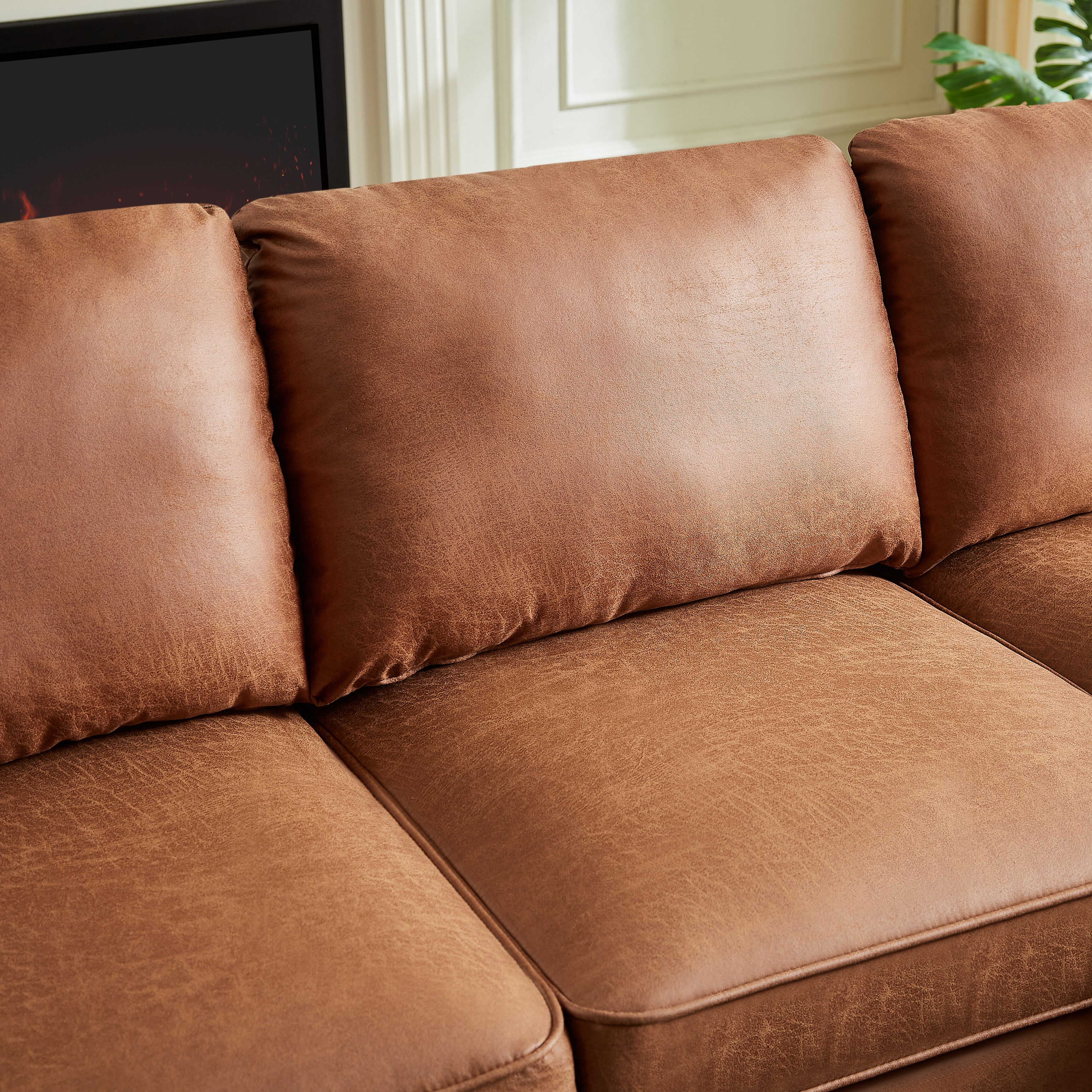 Brown 82.2'' Brown PU Leather L-Shaped 3-Seater Sofa with Right