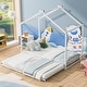 preview thumbnail 12 of 20, Twin Size Metal House Platform Bed with Trundle and Roof White