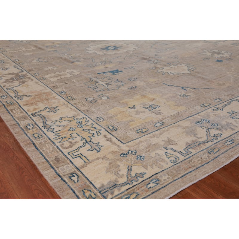 Hand Knotted Oriental 100% Wool Carpet Transitional All-Over Beige & Ivories Oushak Area Rug - 12' 0'' X 8' 1''
