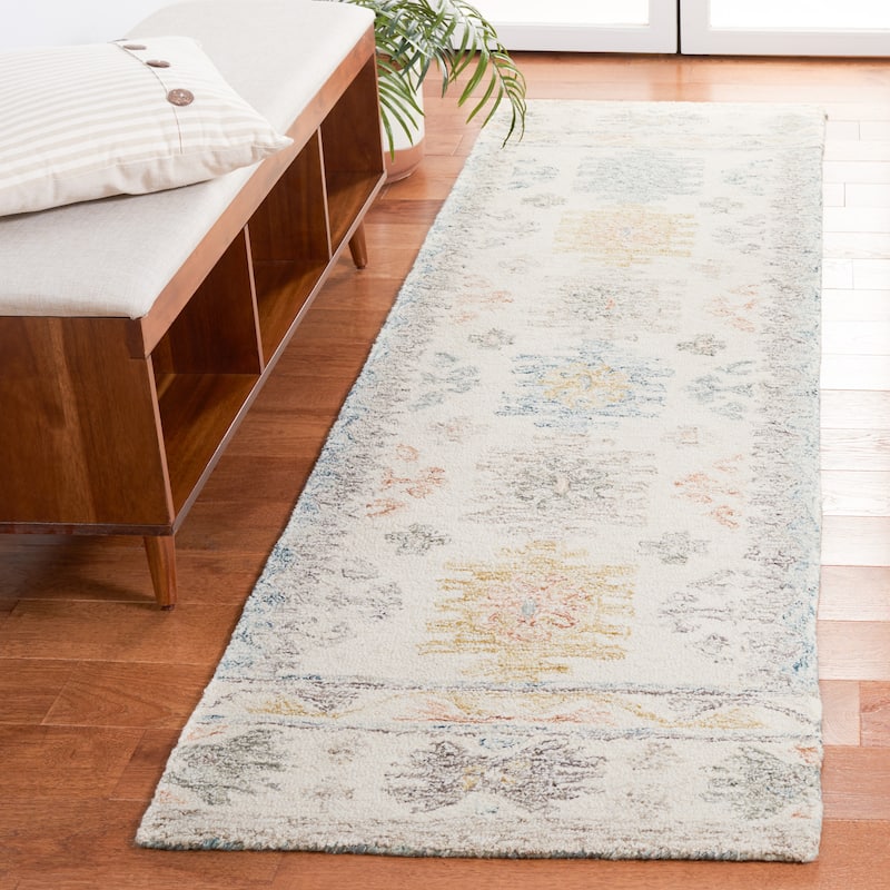 SAFAVIEH Handmade Micro-Loop Indira Rustic Wool Rug - 2'3" x 8' Runner - Ivory/Blue