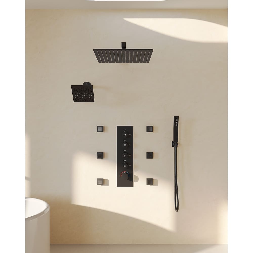 GRANDJOY Shower System Dual Shower Heads 16" and 6" Wall Mounted High Pressure Handheld Spray 6 Body Jets Thermostatic