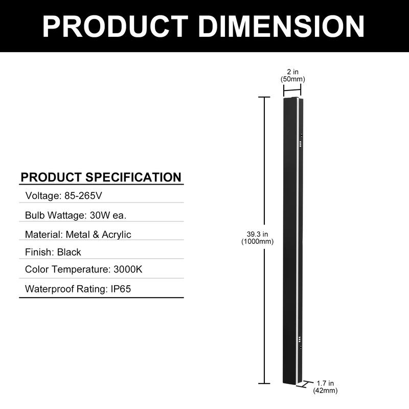 YANSUN Set of 2 Outdoor Wall Lights, 30W LED, 39.4" Black Modern Strip