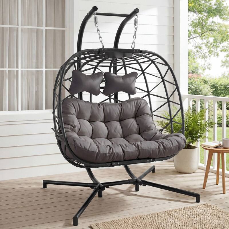 Oversized Outdoor Double Hanging Egg Chair with Cushions, 700 lbs Capacity Swing Chair for Indoor or Patio - Dark Grey