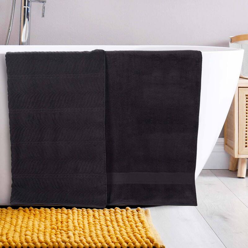 Superior Chevron Zero Twist Solid and Jacquard Cotton Bath Sheet Set of 2 - Black