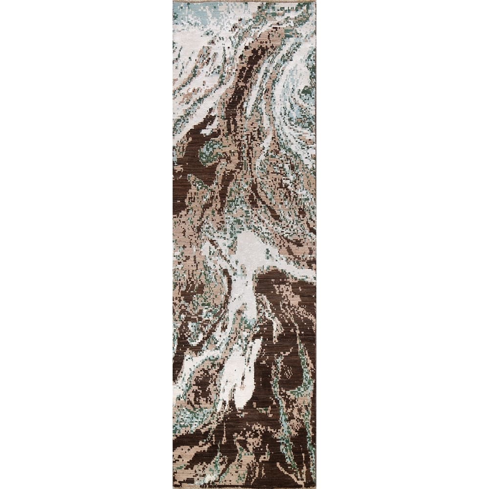 Wool/ Silk Abstract Vegetable Dye Oriental Runner Rug Hand-knotted - 2'7" x 10'2"