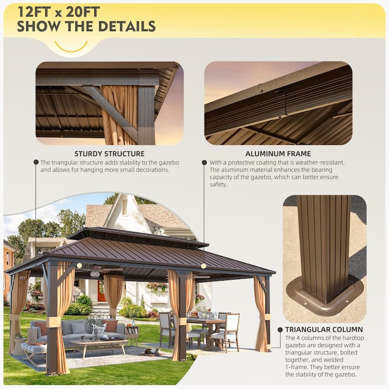 Erommy Hardtop Gazebo with Aluminum Frame and Double Roof, Permanent Outdoor Gazebo Includes Curtains&Netting for Patio Backyard