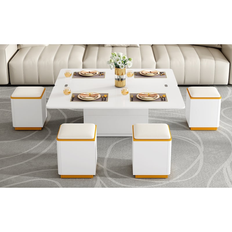 Lift-Top Coffee Table with 4 Storage Stools, Center Table with Foldable Top, Multi-Functional Adjustable Coffee Table