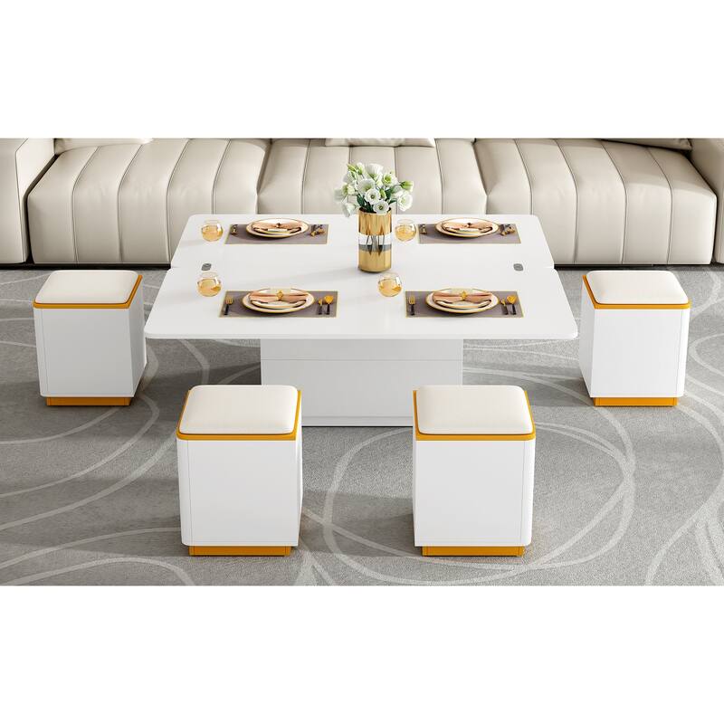 Lift-Top Coffee Table with 4 Storage Stools, Modern Space Saving Center Table with Foldable Top