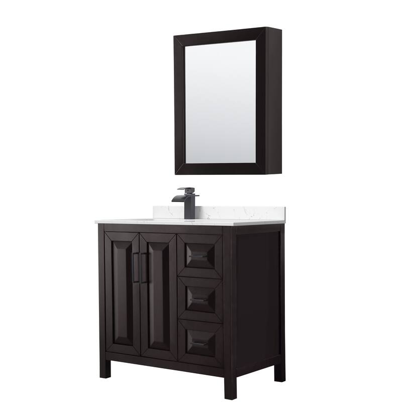 Daria 36-inch Single Vanity, Cultured Marble Top, Med Cabinet - Dark Espresso,Black Trim,Carrara Cult. Marble Top
