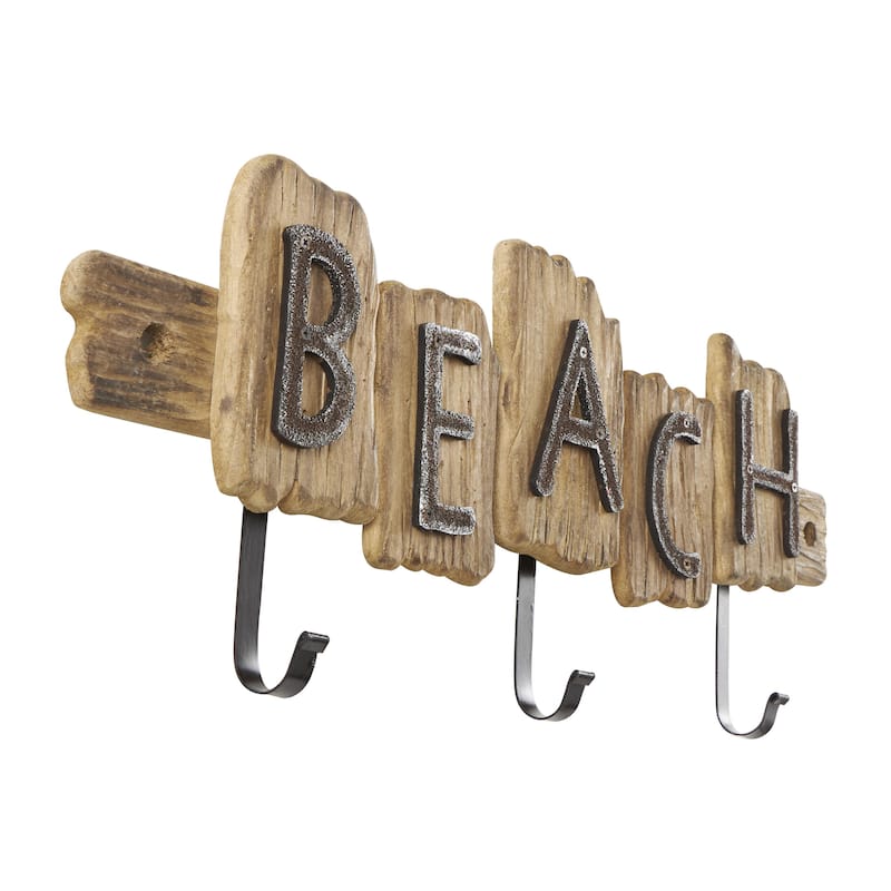 Wood Handmade Live Edge Beach Sign 3 Hanger Home Wall Hook with Metal Accents - Brown - Roche River Decor