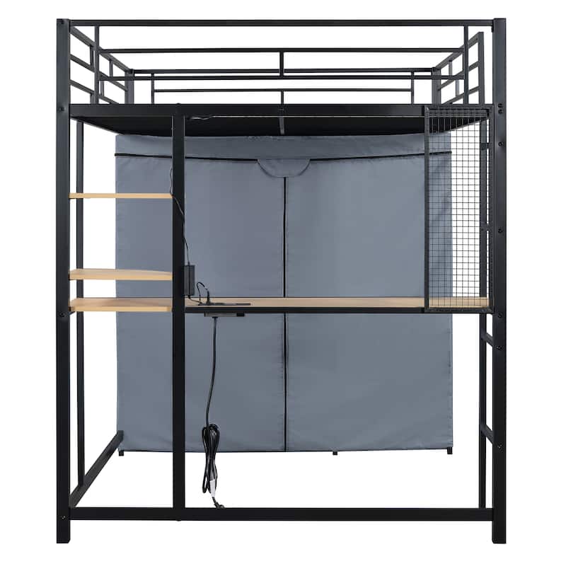 LED Twin Metal Loft Bed Heavy Duty Bed with Desk, Shelves, Power Outlet