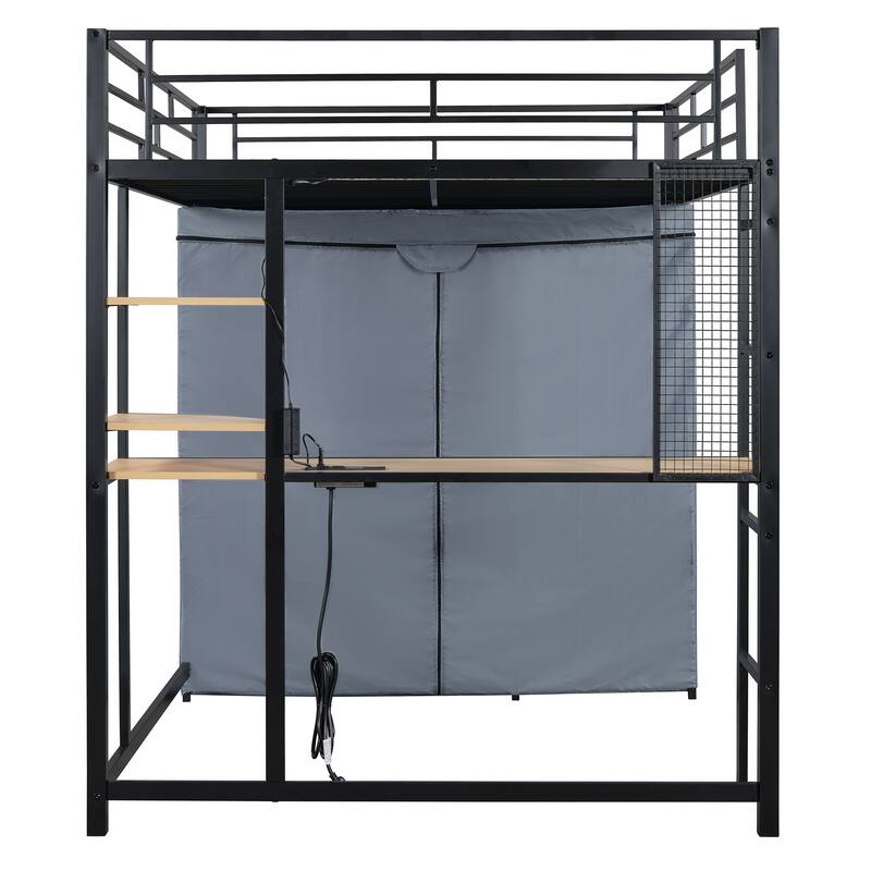 Modern Loft Bed with Desk & Wardrobe, Metal Loft Bed Frame with Shelves, USB Power Outlet, LED Light, for Kids Teens Adults