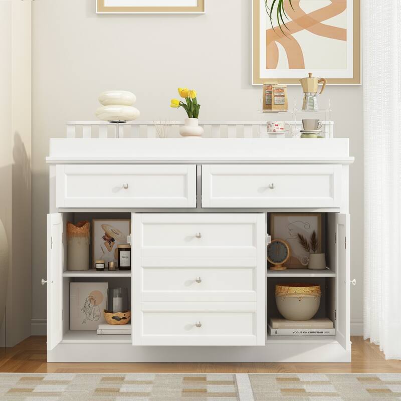 Classic White Baby Changing Table with Storage Cabinets and Drawers