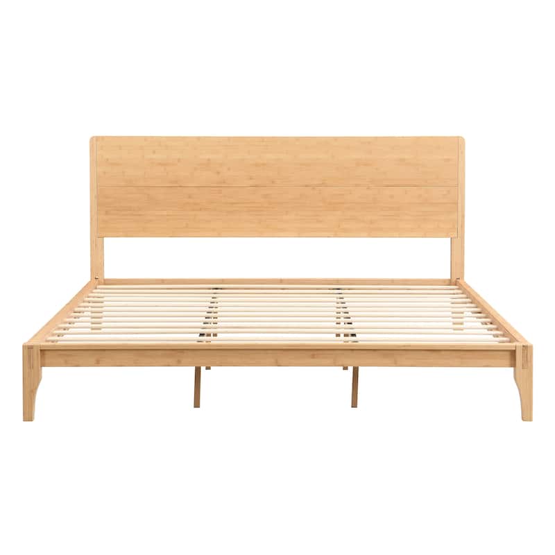 Bamboo Wood Platform Bed/Mid-Century Modern Bed Frame with Tall Headboard/Wood Slat Support/No Box Spring Needed/Easy Assembly