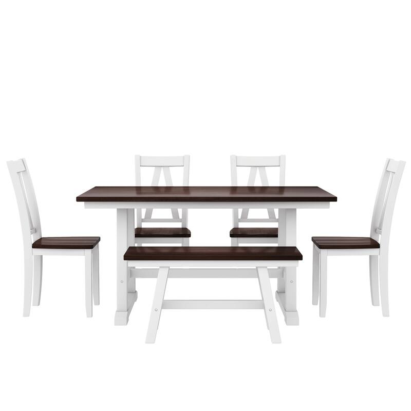 6-Piece Dining Table Set with Sturdy Rubberwood and Multifunctional Chairs and Bench for Family Meals