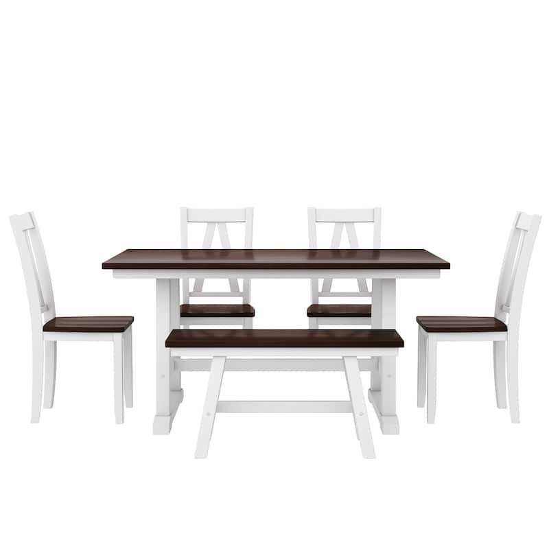 6-Piece Wood Dining Table Set Kitchen Table Set with Long Bench and 4 Dining Chairs, Farmhouse Style
