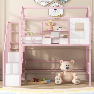 Pink Staircase Metal Loft Bed with Roof Design and Storage Box, Twin Size