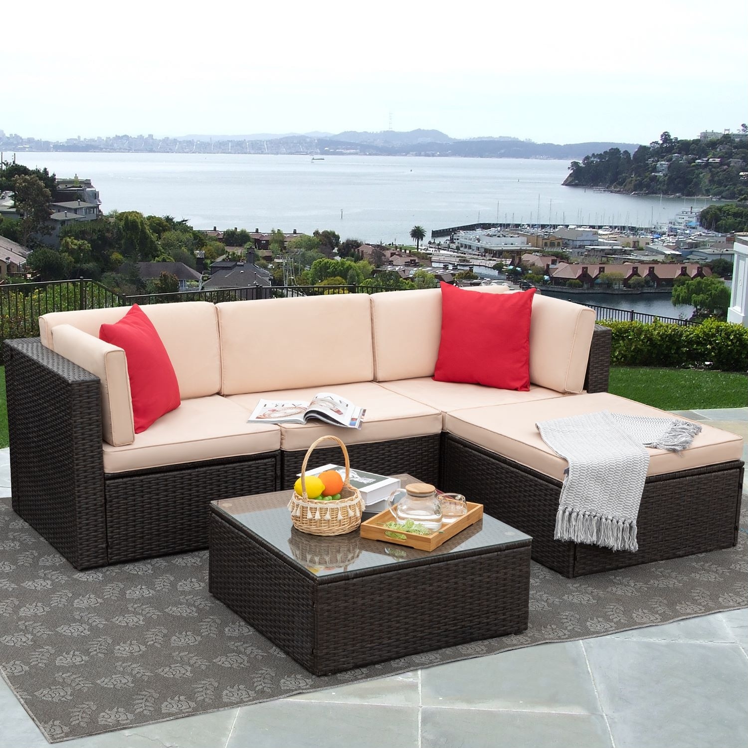 Red Devoko Patio Furniture Sets 6 Pieces Outdoor Sectional Rattan Sofa Manual Weaving Wicker Patio Conversation Set with Glass Table and Cushion