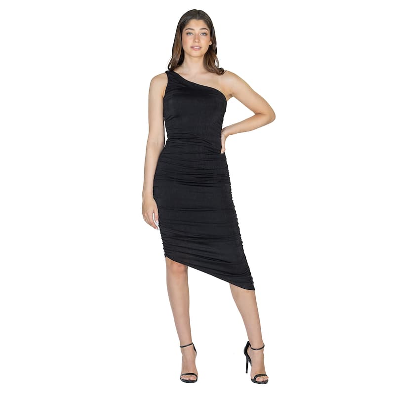 24seven Comfort Apparel Womens One Shoulder Ruched Bodycon Dress - Black - M