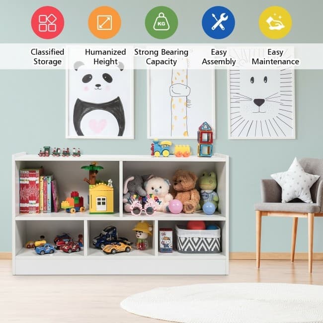 Children's Wooden Toy Storage Cabinet with 2 Shelves and 5 Cubes - 44" x 12" x 24" (L x W x H)