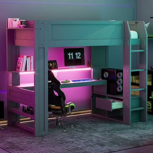 slide 2 of 24, Gaming Loft Bed, Wood Loft Bed Frame with Built-in Desk, Multi-Storage Shelves, LED, Charging Station, Cabinets