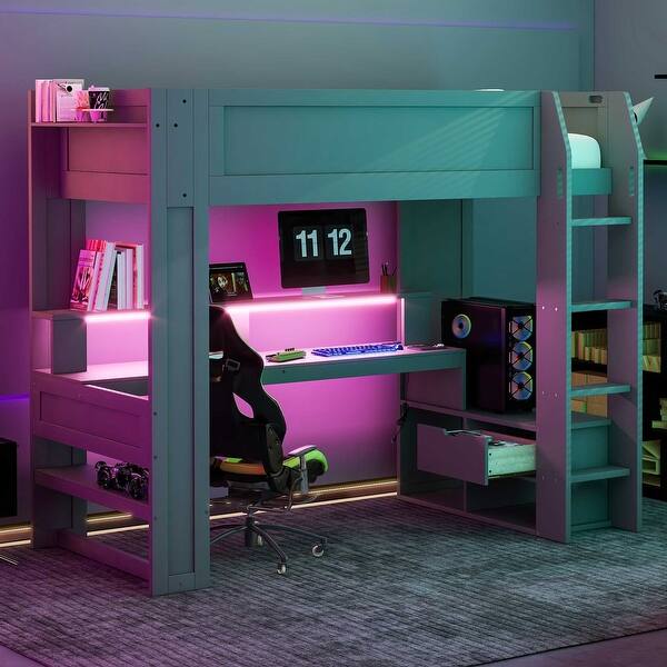 slide 2 of 7, Wood Twin Size Gaming Loft Bed with Desk, Multi-storage Shelves