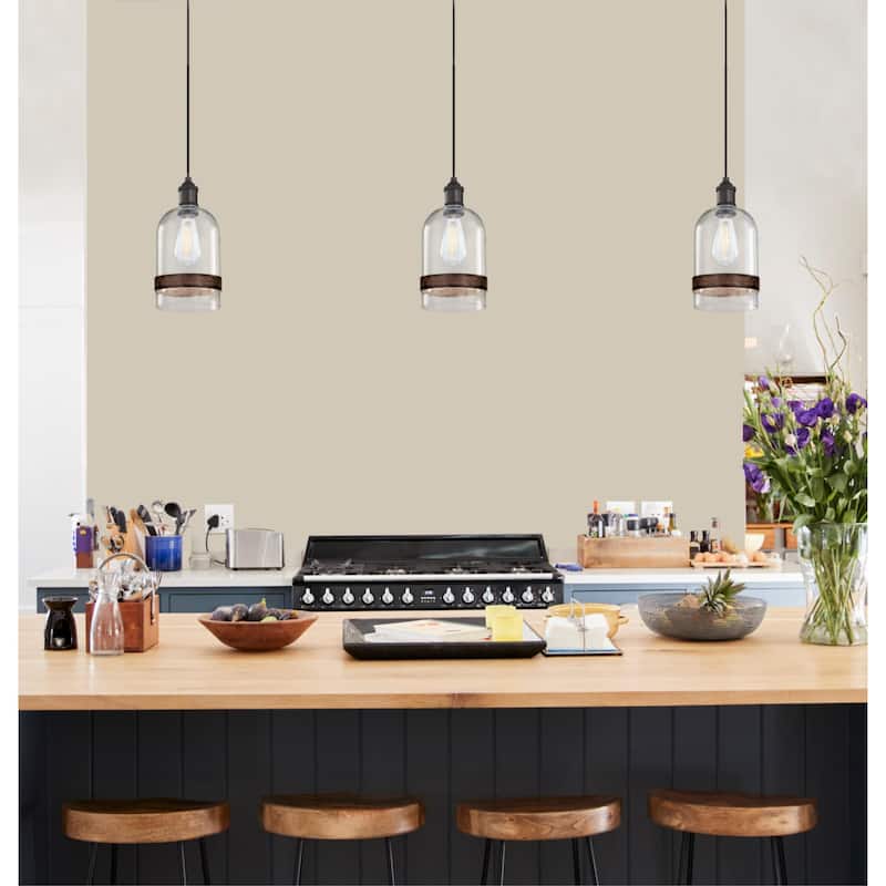 Westinghouse Lighting Tarrant One Light Indoor Mini Pendant, Black-Bronze Finish, Clear Seeded Glass with Barnwood Band