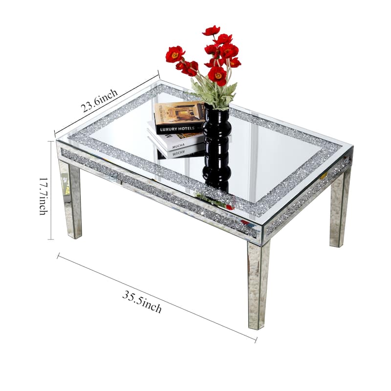 Mirrored Coffee Table with Diamond Inlay Rectangle Silver Accent Table