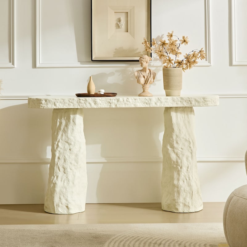 53.94 inch Modern Design Console Table,Imitation Stone Table,Fiberglass Entryway Table with Irregular Legs - Beige