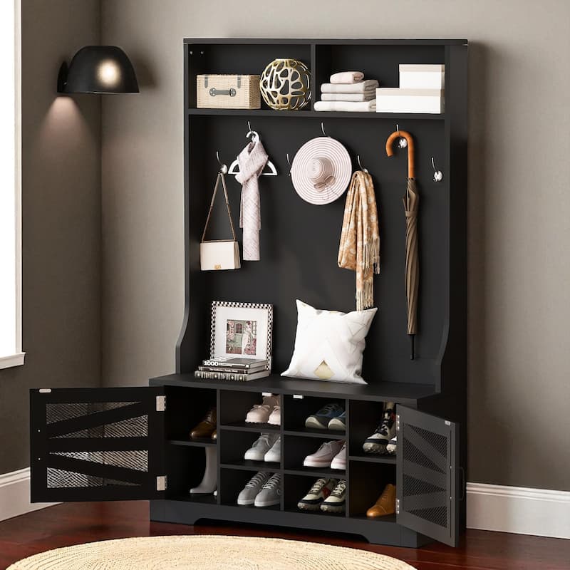 43.3" Hall Tree with Bench, 7 Hooks, Mesh-Door Cabinet, Adjustable Shelves, Entryway Coat Rack Organizer