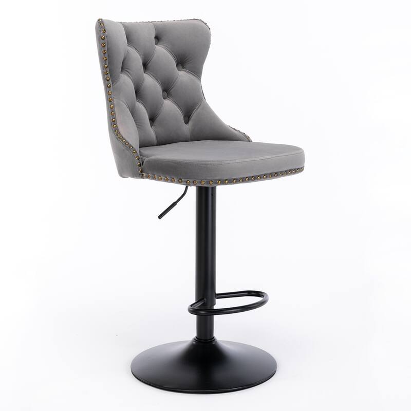 Gray Bar Stools Set of 2, Velvet Swivel Barstools w/ Footrest & Nailhead Trim, Adjustable Armless Upholstered Modern Bar Chairs