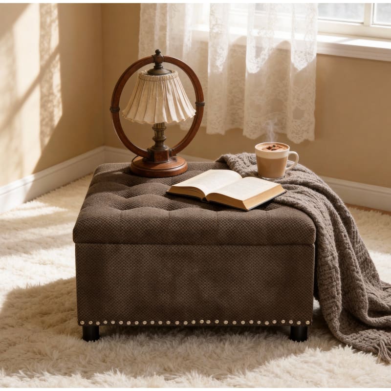 Square Tufted Upholstered Storage Ottoman with Nailhead Trim