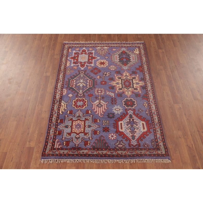 Geometric Oushak Oriental Foyer Rug Hand-Knotted Wool Carpet - 4'0" x 5'11"