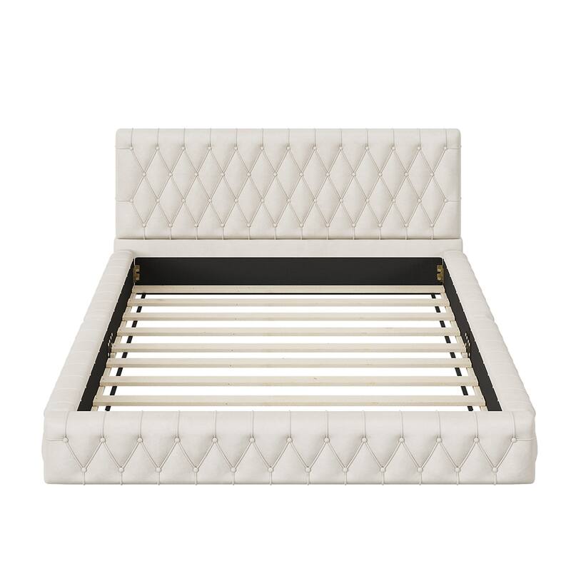 Modern Velvet Queen Size Platform Bed with Tufted Headboard
