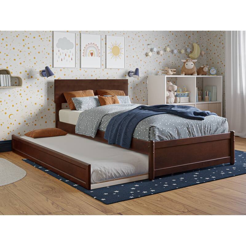 Wesley Platform Bed with Panel Footboard and Twin Trundle - Walnut - Twin