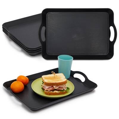 4 Pack Black Plastic Serving Tray with Handles for Eating (16.5 x 11 In)