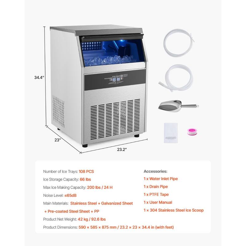 200LBS/Day Freestanding Ice Maker with 108 Ice Trays and 66LBS Storage Bin Digital Control Panel - 23.2 x 23 x 34.4 in