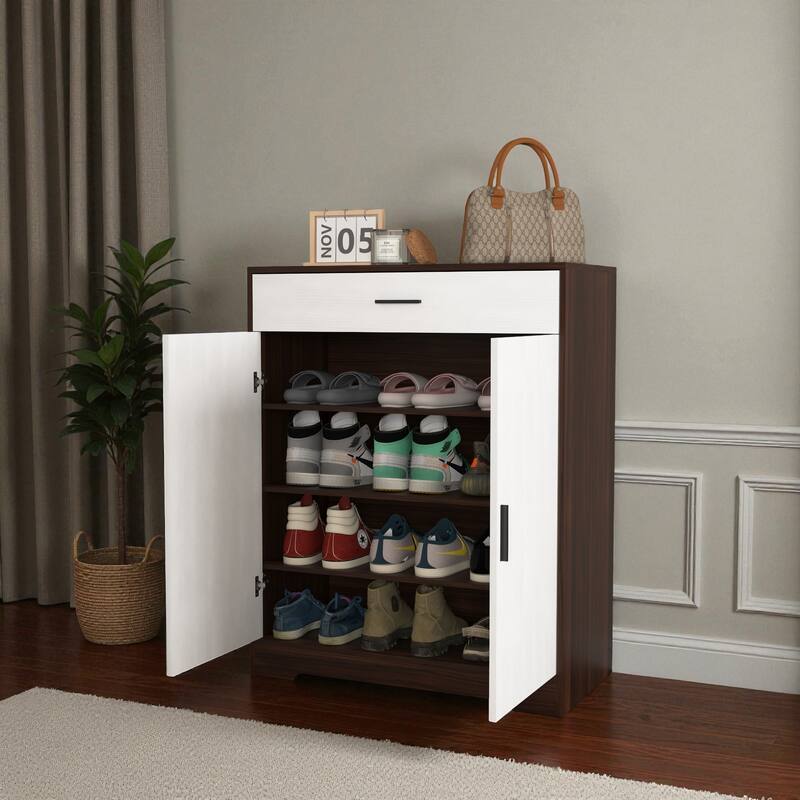 31.5" 4-Tier Wooden Shoe Storage Cabinet with Drawer, Freestanding Shoe Organizer with Adjustable Shelves for Entryway