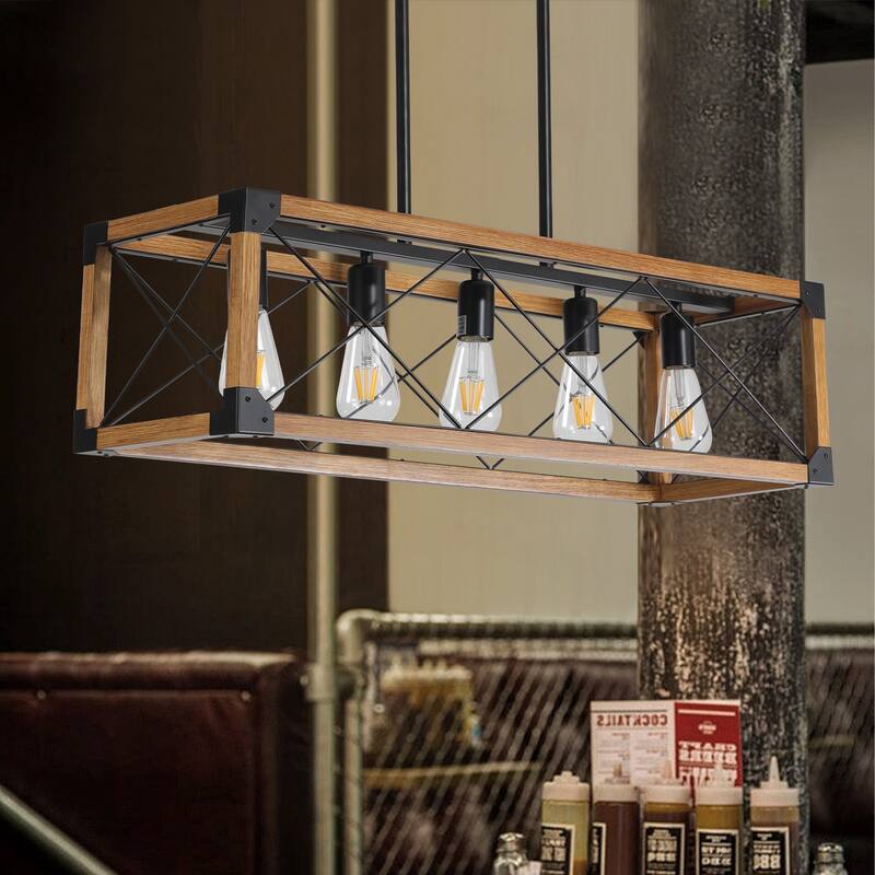 Rustic 5-Light Farmhouse Chandelier, Antique Solid Wood and Iron Lighting Fixture for Dining Room and Kitchen Island