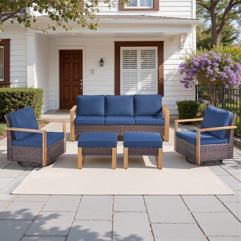 Pocassy Outdoor Sofa Patio Swivel Chair Funiture Set - Brown Wicker with Blue Cushion - 5-Piece Sofa Swivel Chair with Ottoman Set