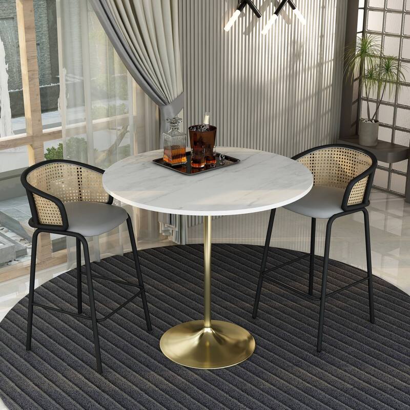 LeisureMod Verve Round Bar Dining Table with White Resin TableTop and Gold Steel Base for Kitchen & Dining Room